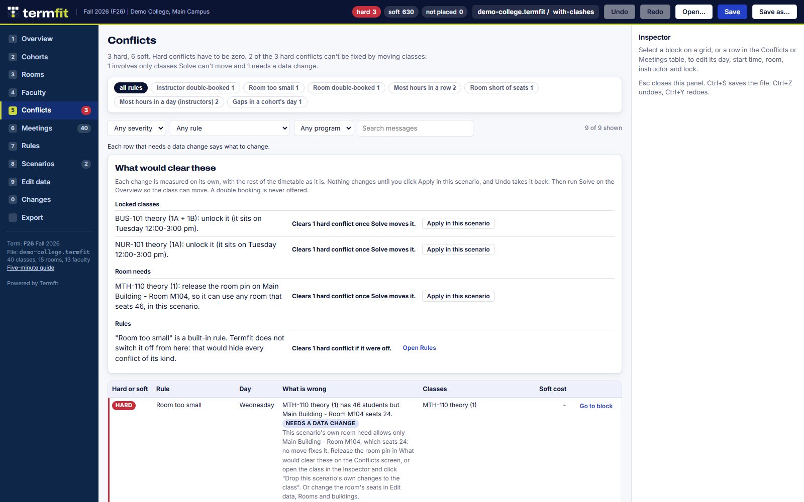 The conflicts list, with filters for hard or soft, rule and program above the table.