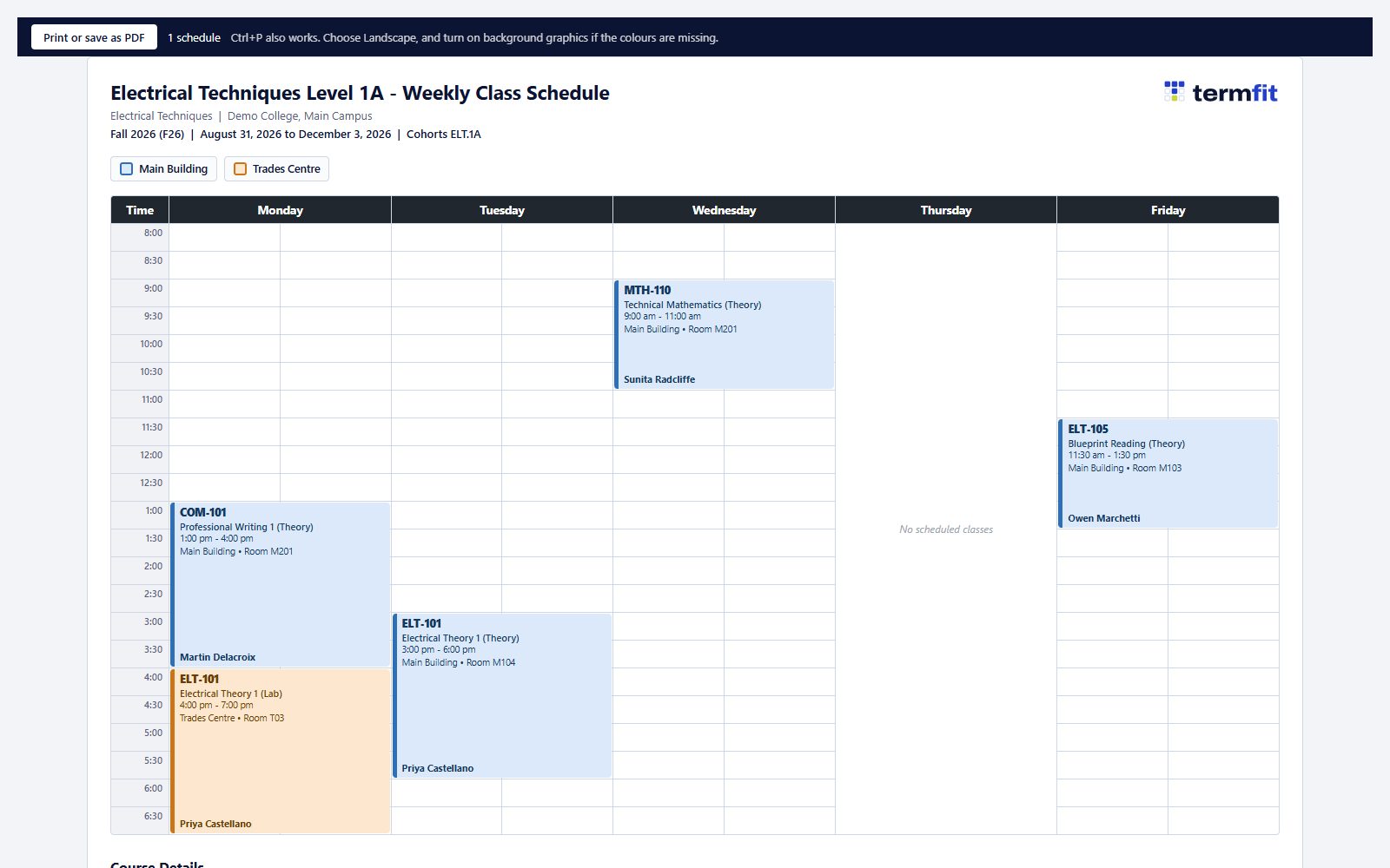 A printed week schedule for one cohort, laid out as a clean one-page grid.